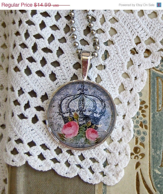 20% off EVERYTHING Mothers Day Necklace Chic Crowns Shabby Roses silver bezel glass domes