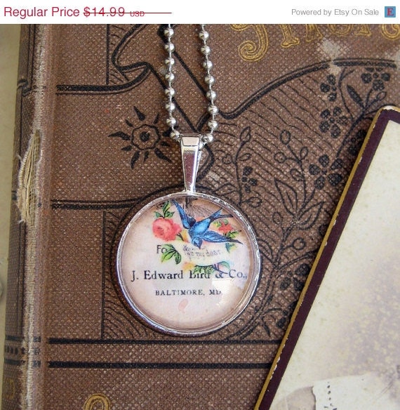 20% off EVERYTHING Mothers Day Necklace Beautiful little birds silver bezel glass domes collage ephemera