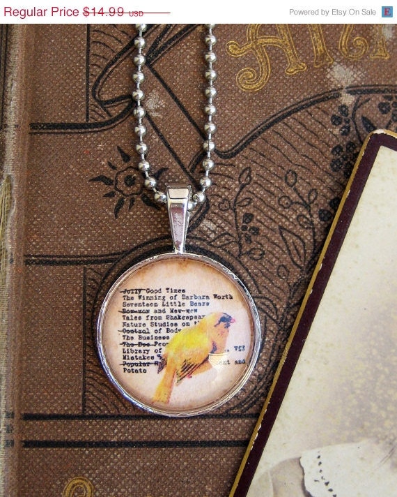 20% off EVERYTHING Mothers Day Necklace Beautiful little canary birds silver bezel glass domes collage ephemera