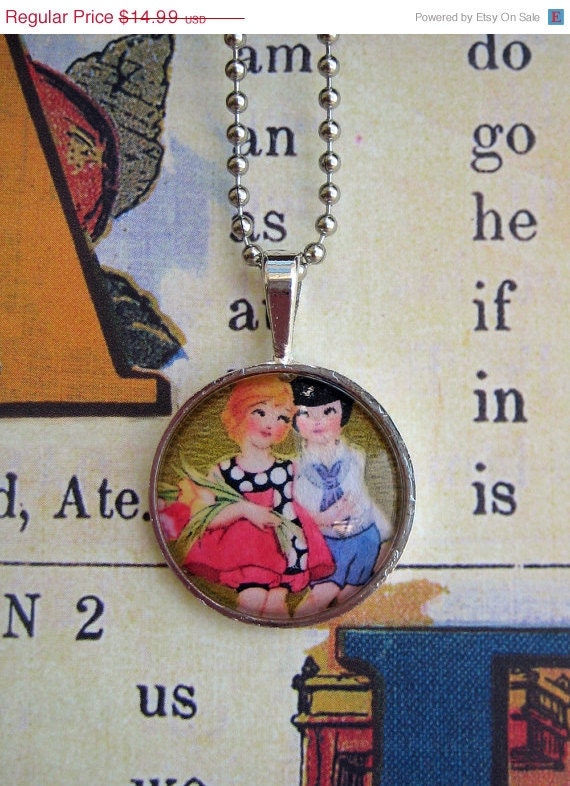 20% off EVERYTHING Mothers Day Necklace Vintage Childrens Postcard Tulips silver bezel glass domes collage ephemera