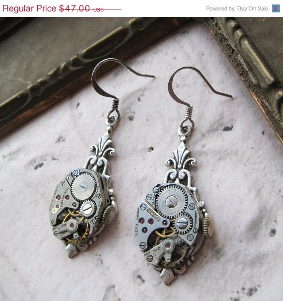 20% off EVERYTHING Antique Watch Part Earrings Vintage Industrial Ornate silver mounting mechanical jewellery