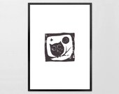 Linocut Print - HALLOWEEN OWL - typography Archival Art Print black