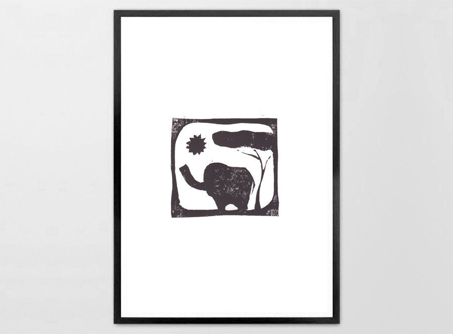 The Elephant Lino cut Print - typography Archival Art Print black