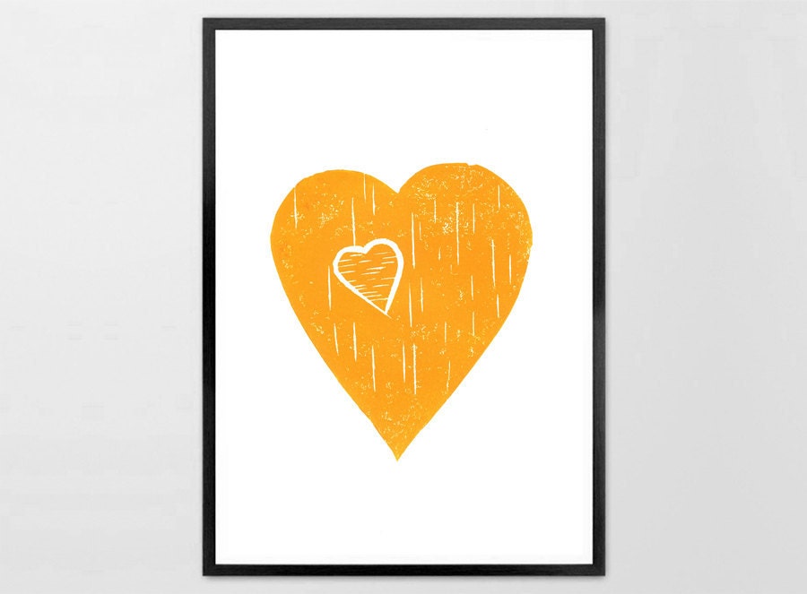 Lino Print - Heart with a Heart -  Linoleum Art Print orange