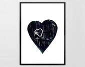 Lino Print - Heart with a Heart -  Linoleum Art Print dark gray green