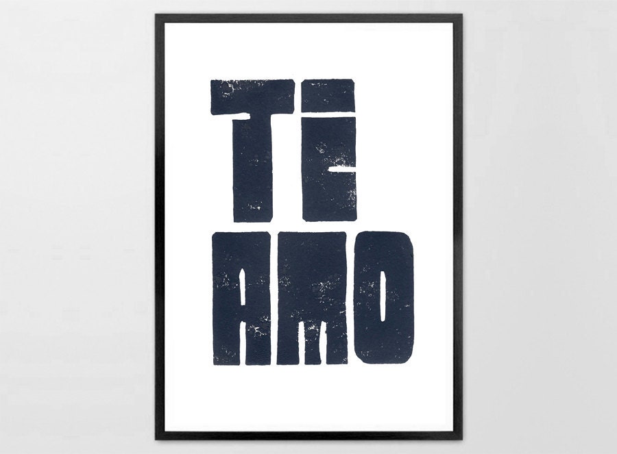 Te Amo or Ti Amo - readable both ways - Linocut Art Print dark gray black