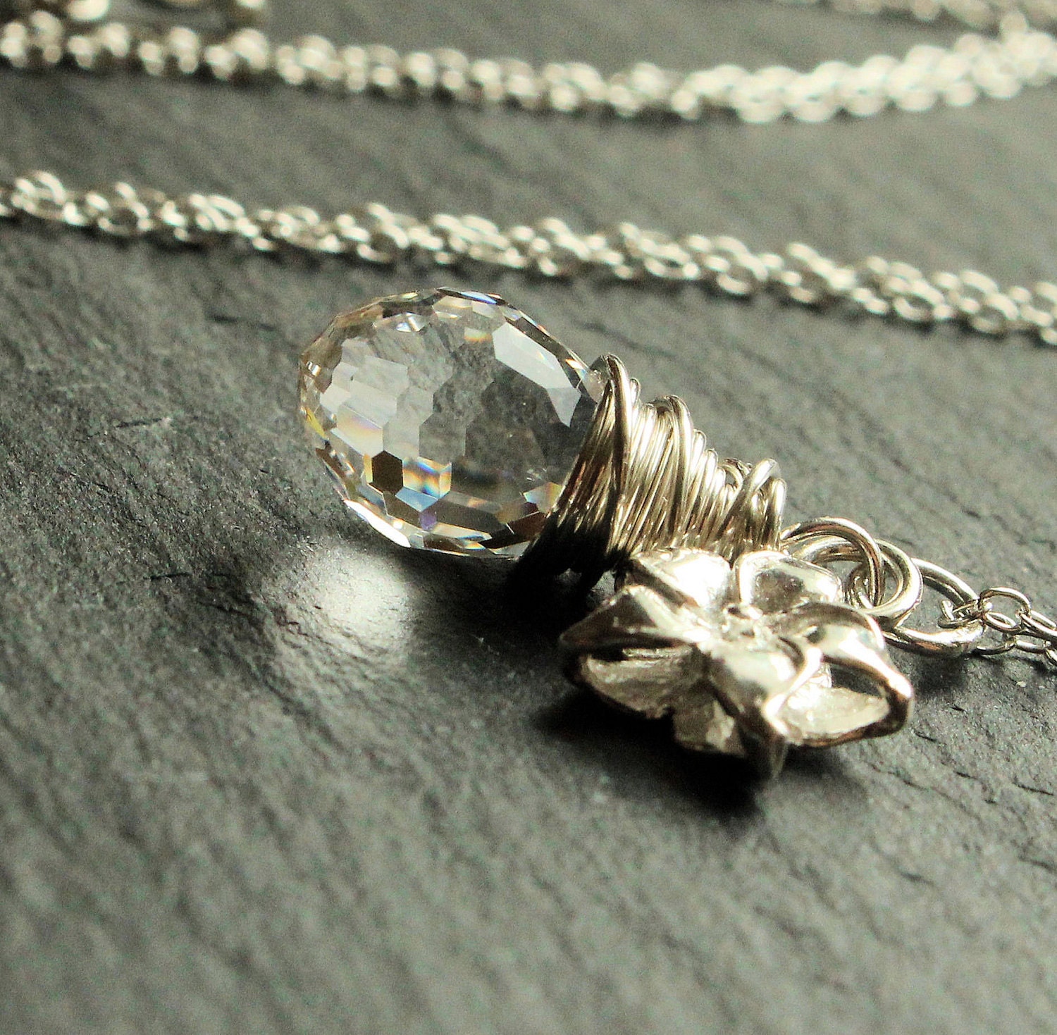 Swarovski Necklace - Sterling Silver, Clear, Wire Wrapped, Swarovski Jewelry, Flower, Handmade Necklace