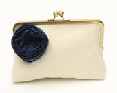 Blue and Ivory Wedding Clutch - Ivory Linen,  Blue Flower with Swarovski Crystals