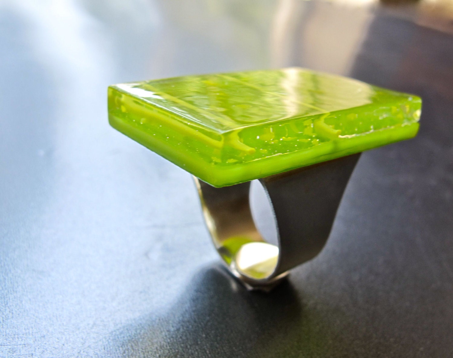 Lime Green Fashion Cocktail Hand-Made Fused Glass Ring