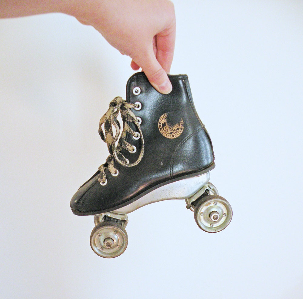 Wee Vintage Black Roller Derby Skates Vinyl with Metal Wheels Child Size for Display or Home Decor - mothrasue