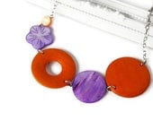 Tangerine Orange and Purple Chunky Necklace with Shell and Wood Beads. Bright Colors. Perfect Spring Fashion. Ready to ship. - VeniciaCreations