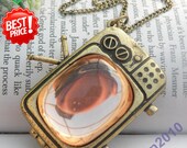 Pretty retro copper can open 3d television tv locket necklace pendant jewelry vintage style
