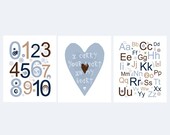Alphabet, Numbers and I carry Your Heart Prints in tan, brown, denim blue and navy, 3 pc Modern print set 8x10