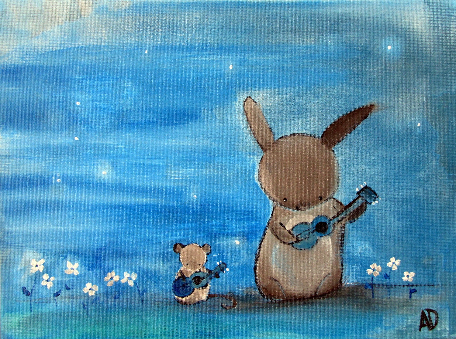 Whimsical Nursery Decor 12 x 9, Artwork for Kids, Bunny and Mouse
