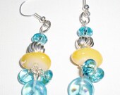 Yellow stone and blue glass bead earrings