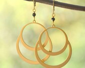 Awesome Large Gold Double Circle Hoop and Black Swarovski Crystal Dangle Earrings