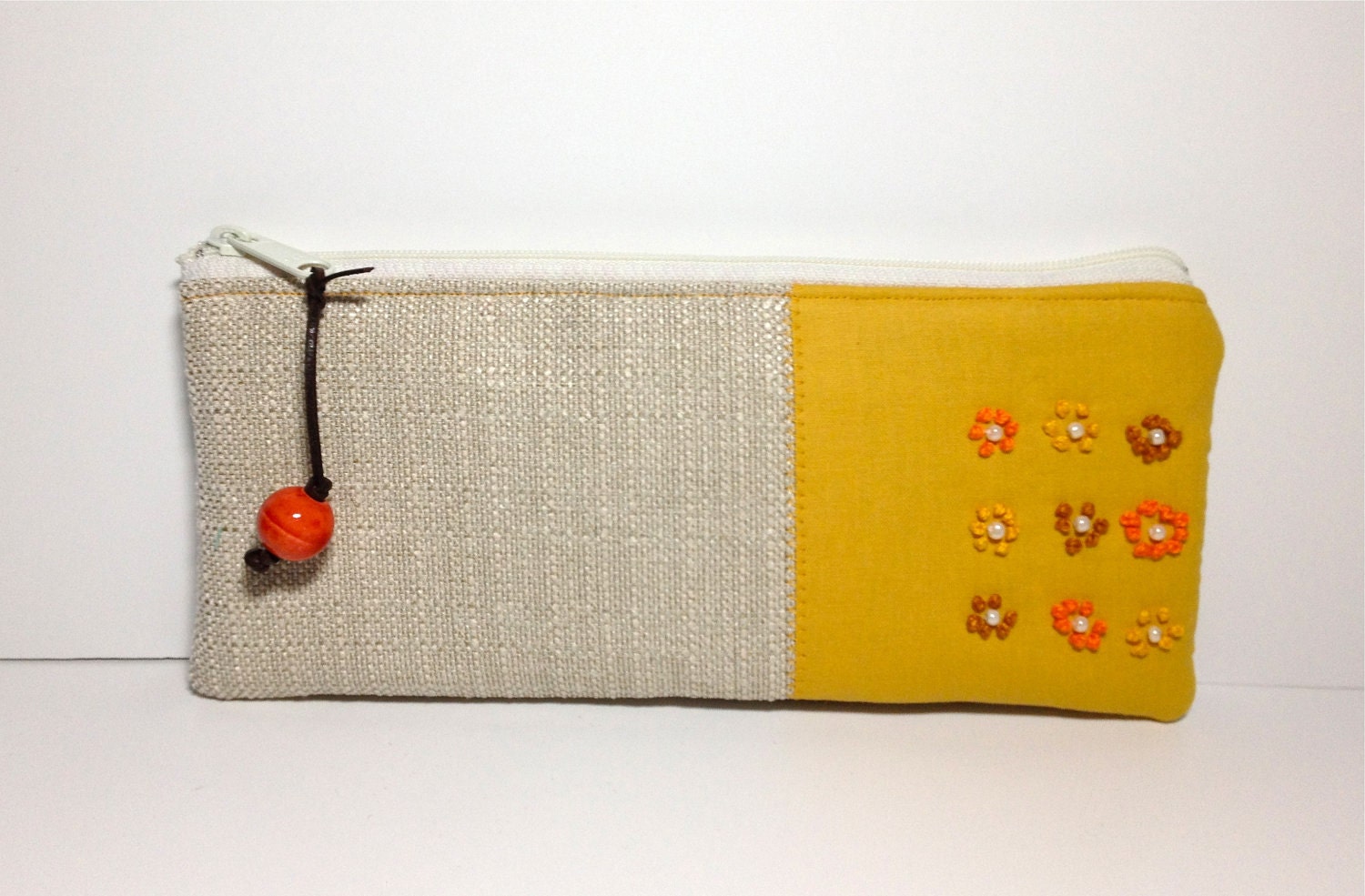 Zipper Pouch in Beige and Gold with Hand Embroidered Design