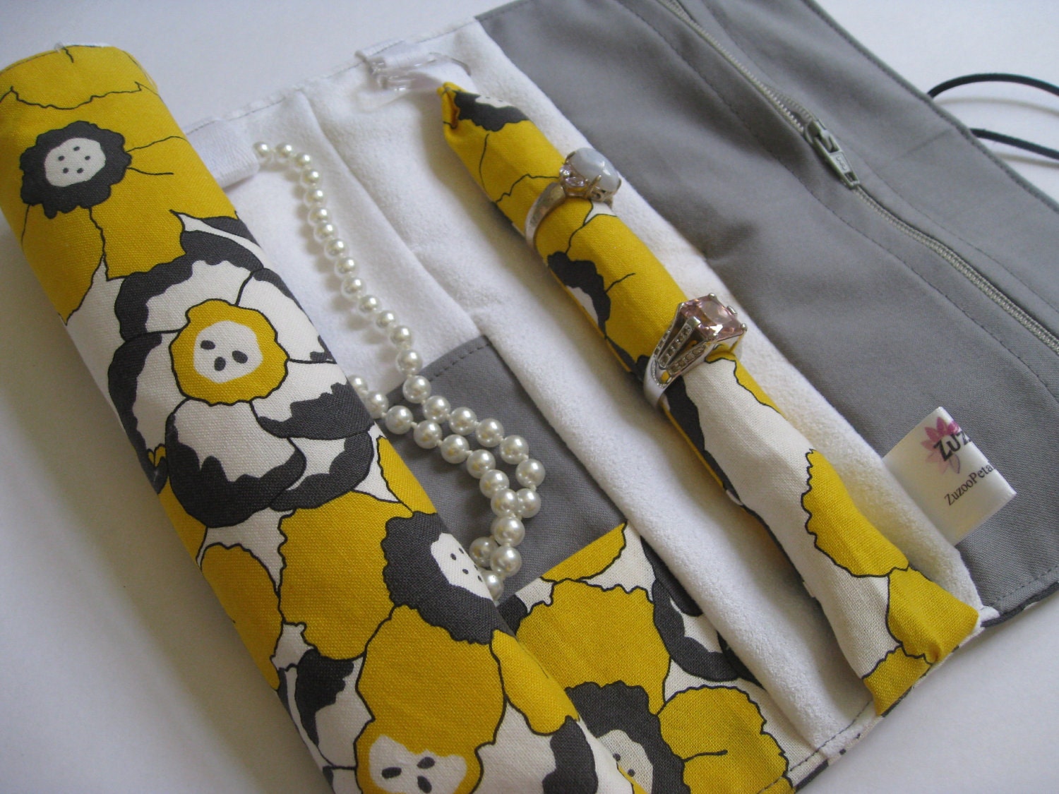 Yellow Poppies & Grey Jewelry Roll