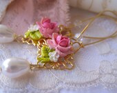 NEW Feminine Pink Rose Earrings, gold plate, romantic, Swarovski pearl