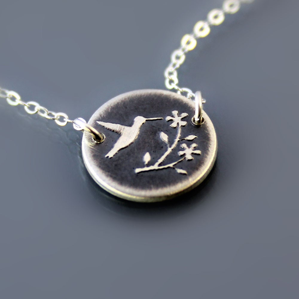 Tiny Flower and Hummingbird Necklace - Etched Sterling Silver