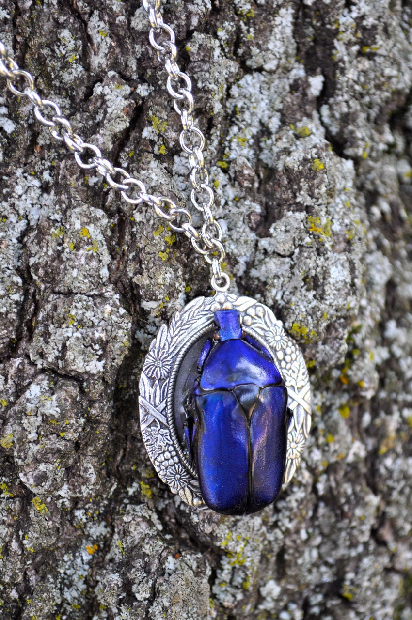 Blue Flower Beetle Necklace