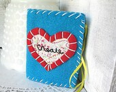 Hand embroidered Needle book / Pin Cushion in peacock blue and red