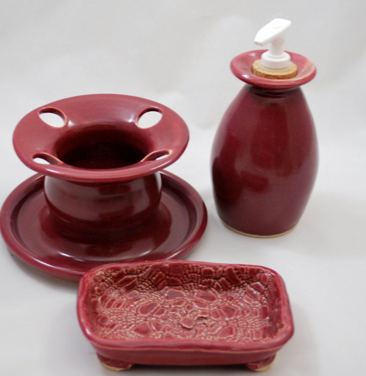 Three Piece Burgundy Ceramic Bathroom Set