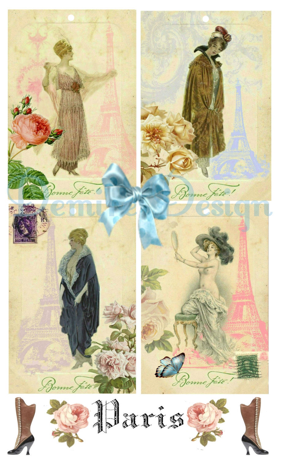 Vintage Ladies,Eiffel tower Paris,Roses - Printable Digital Collage Sheet,Digital Download Gift Tags.