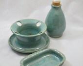 Three Piece Aqua Green Ceramic Bathroom Set Stoneware Pottery