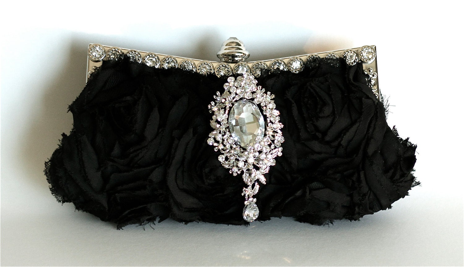 Black Silk, Wedding Evening Purse - Bridal Clutch with Swarovski Crystal Accent