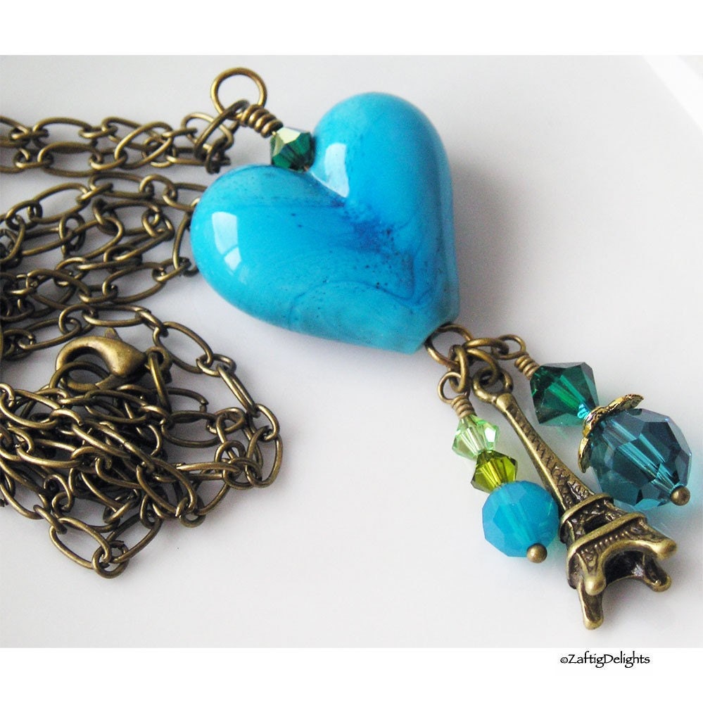 Charmed Necklace Turquoise Blue Lampwork Heart Antique Brass Eiffel Tower Charm - I left my heart in Paris