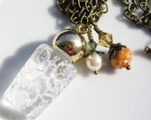Handmade Necklace Etched Glass Bottle with Charms, Antique Brass