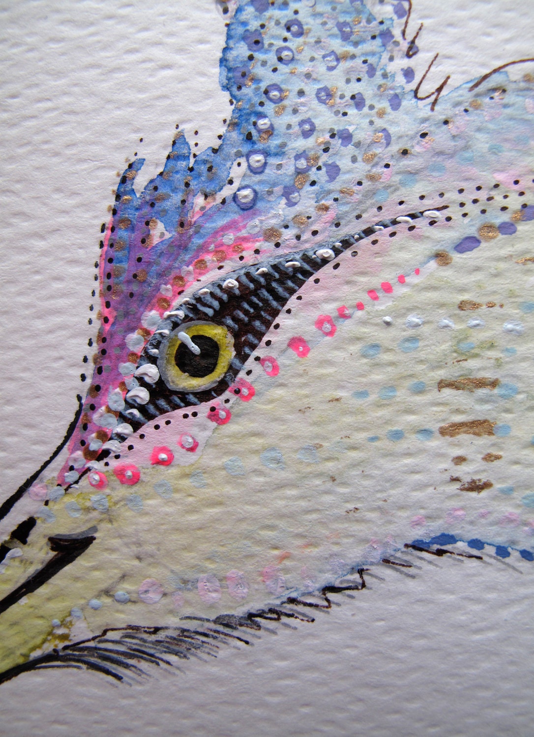 Wild Heron  / Hand painted original watercolour with liquid gold