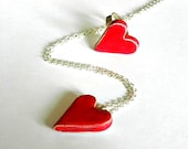 Red Ceramic Heart Jewelry Set, Sterling Silver Plated Necklace, Adjustable Ring - Ceraminic