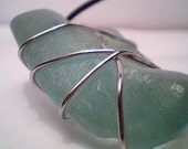Genuine wire wrapped aqua beach sea glass gemstone pendant jewelry handmade necklace