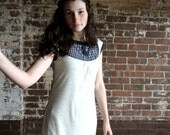 Grey Womens Jersey Gray and Navy Blue Dress with Plaid Bib and Buttons in Small// by Nicoles Threads
