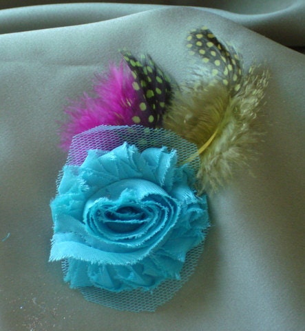 Hair bridal accessories, Bridal Party Headpiece, 2" Turquoise silk and tulle rosette with feathers on a clip