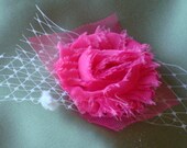 Hair bridal accessories, Bridal Party Headpiece, 2" hot pink silk and tulle rosette with white netting on a clip