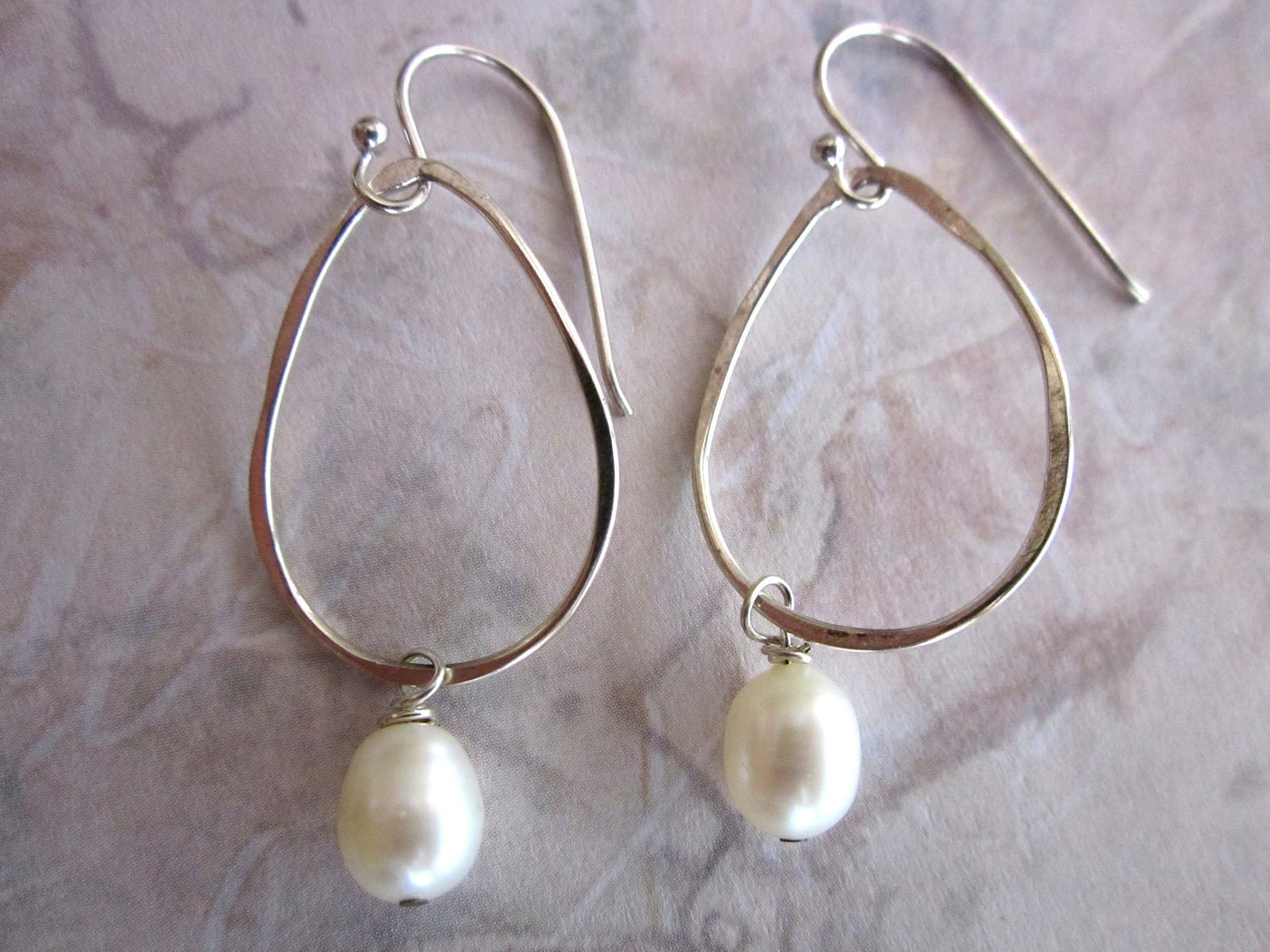 Sterling Hoop Earrings with Pearl Drop, Handmade