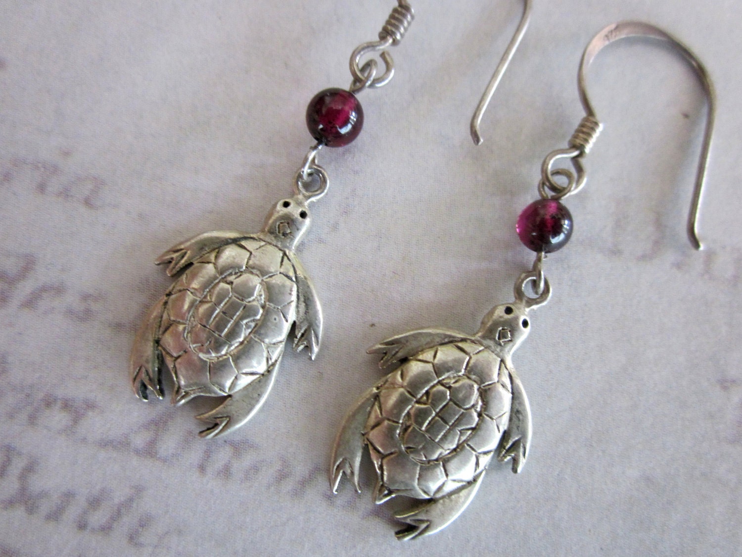 Sterling Turtle & Garnet Earrings, Handmade