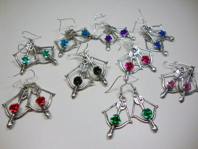 Hunger Games Inspired Silver Bow Arrow Earrings with Flowers