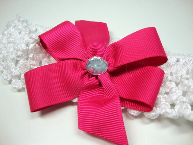 White Headband with Hot Pink Bow and Diamond Style Center for Little Girls