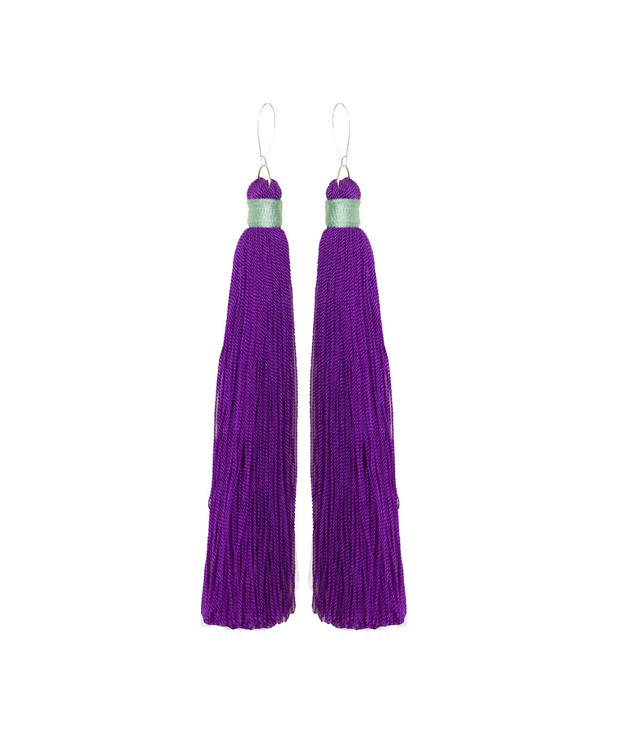 Duster fringe tassel earrings in purple and Aqua