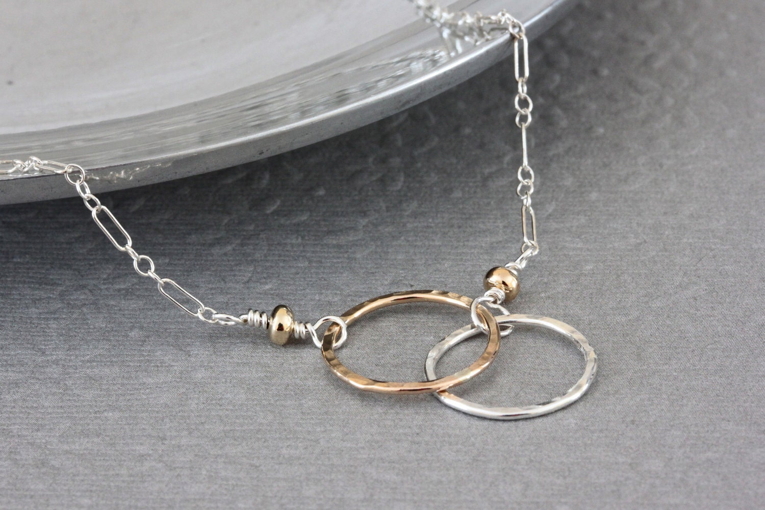 Double Ring, Hammered, Silver and Gold, Necklace (Sterling Silver, Gold Filled)