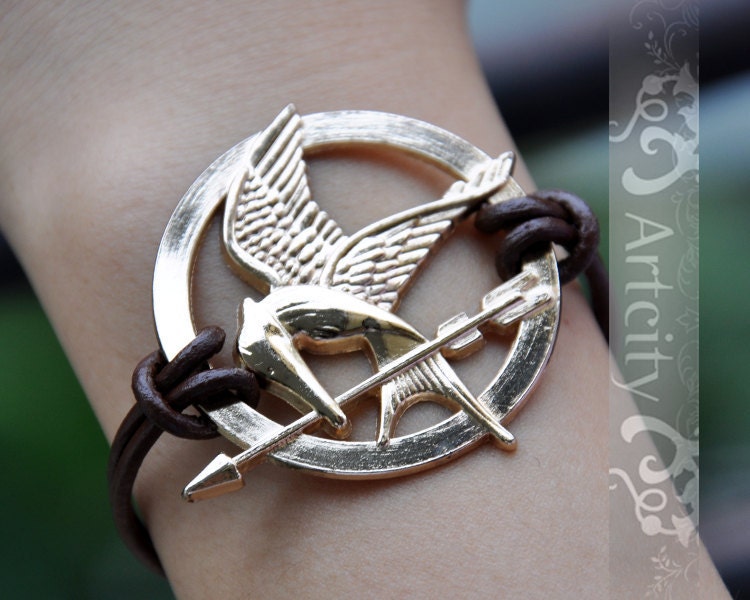 The Hunger Games Golden pendant Mockingjay bracelet, Coffee real leather bracelet