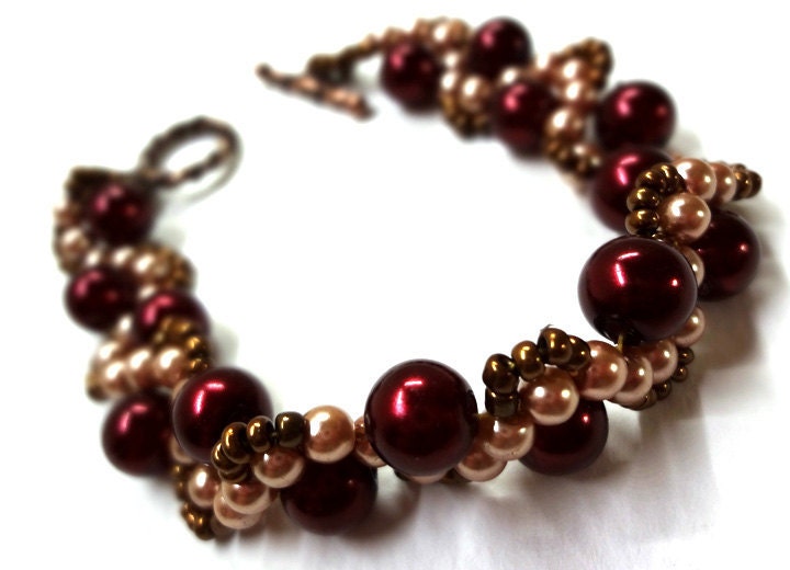 Red and Cream Pearl Bracelet with Bronze Beadwork - MegansBeadedDesigns