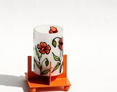 Coral Orange Peach Tea Light Candle Holder, Hand Painted Poppies, Swarowski crystals