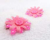 Flower Hair Clips - Pink Button - set of 2