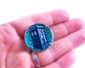 Blue Police Box Doctor Who Inspired Pin, Teal Glitter, Sparkly One-Inch Brooch