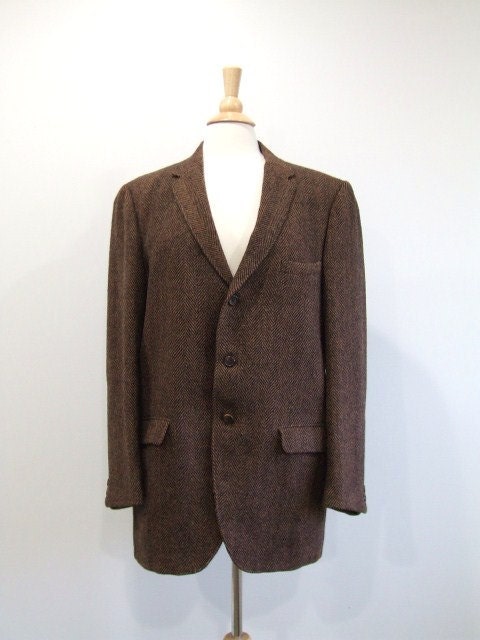 Tweed Herringbone Jacket Mens Brown Wool Blazer - L/XL